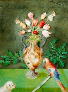 Jarrón de flores, loro y perro faldero, c.1600-25
